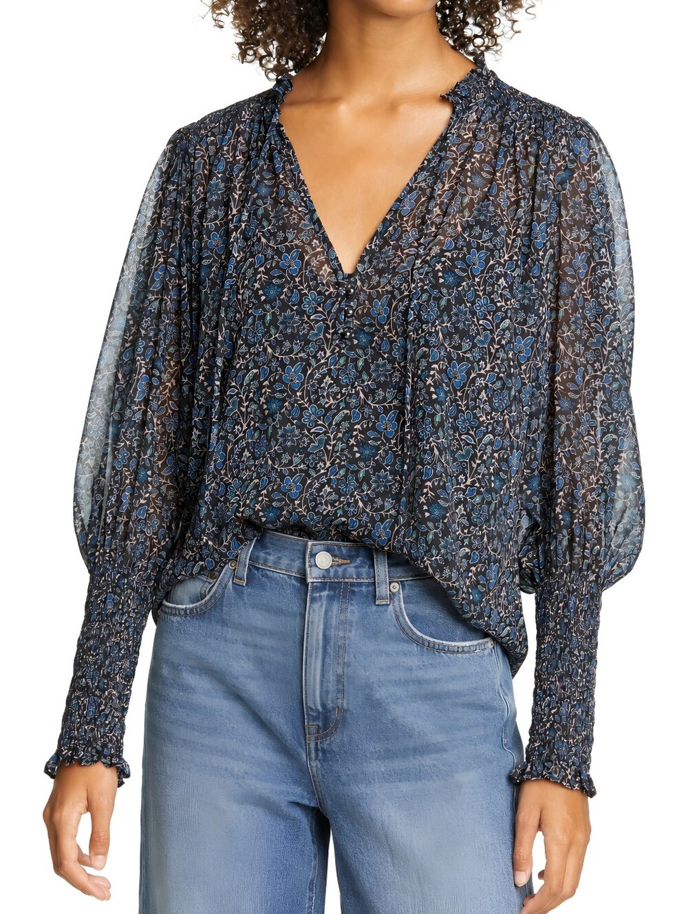 Veronica Beard Chiffon Floral Smocked Sleeve Blue Top, 6
